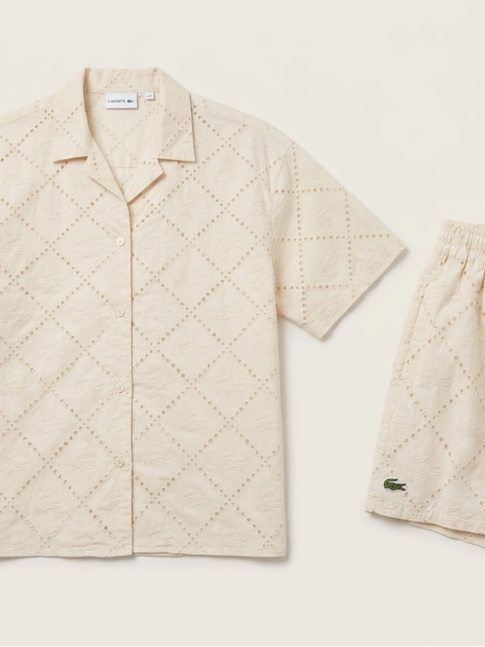 Lacoste Cream Eyelet Camp-Collar Shirt and Short Set